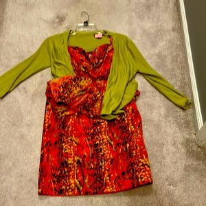 DKNY strapless dress with green sweater
